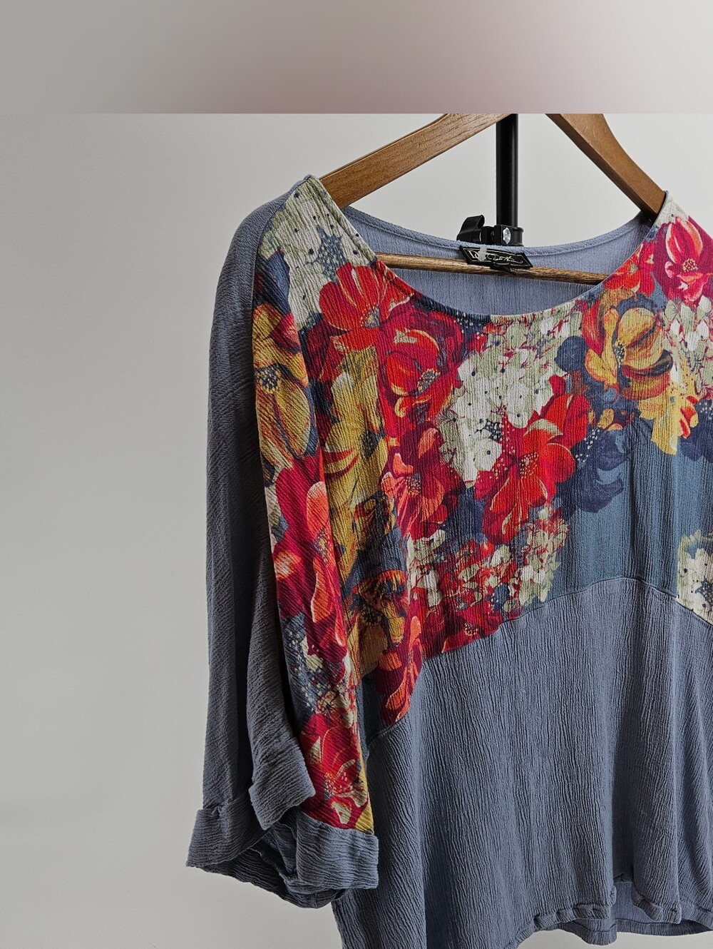 Diane Von Furstenberg Slate Blue Relaxed Top with Floral Panel